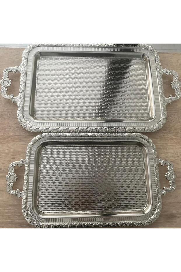 2 Li Dövme Desenli Zerafet Tepsi Seti Gümüş 2024 SET2 - 2