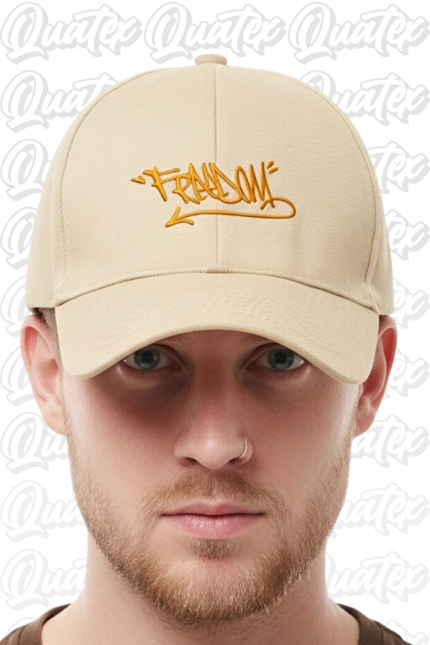Freedom Embroidered Hat – Cream 100% Cotton Gabardine Unisex Model