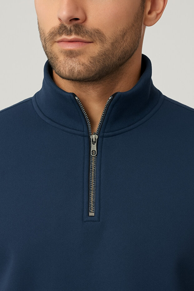 Regular Fit Yarım Fermuarlı Dik Yaka Basic Sweatshirt - 3