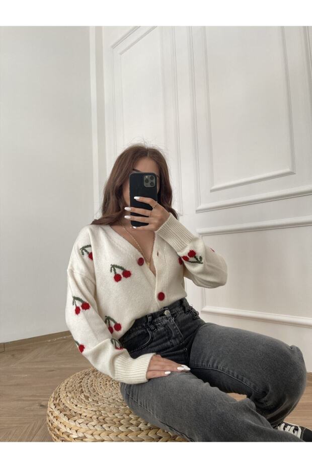 Cherry Pattern Cardigan Ecru - 6