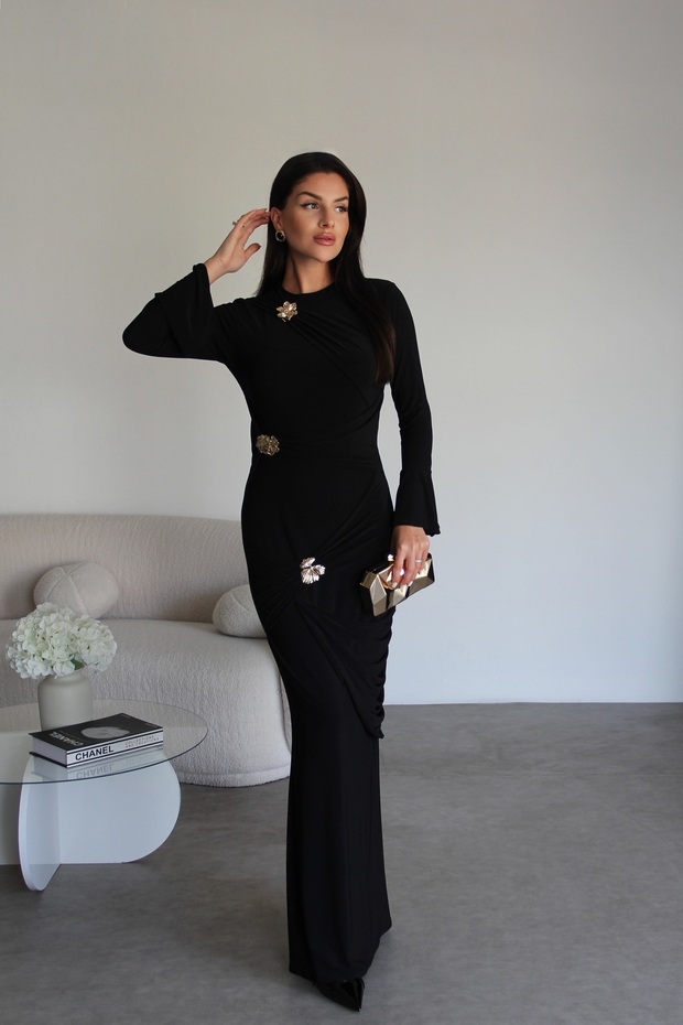 Black Gold Metal Brooch Detailed Maxi Long Premium Shirred Dress