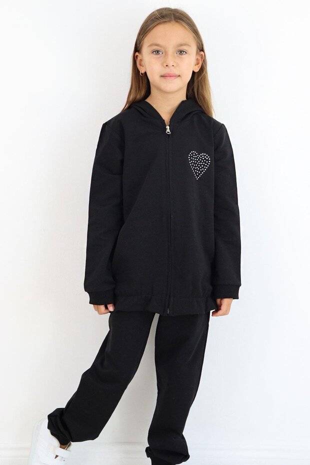 Girl's Tracksuit Set Stone Embroidered Heart 4-9 Years Old, Black