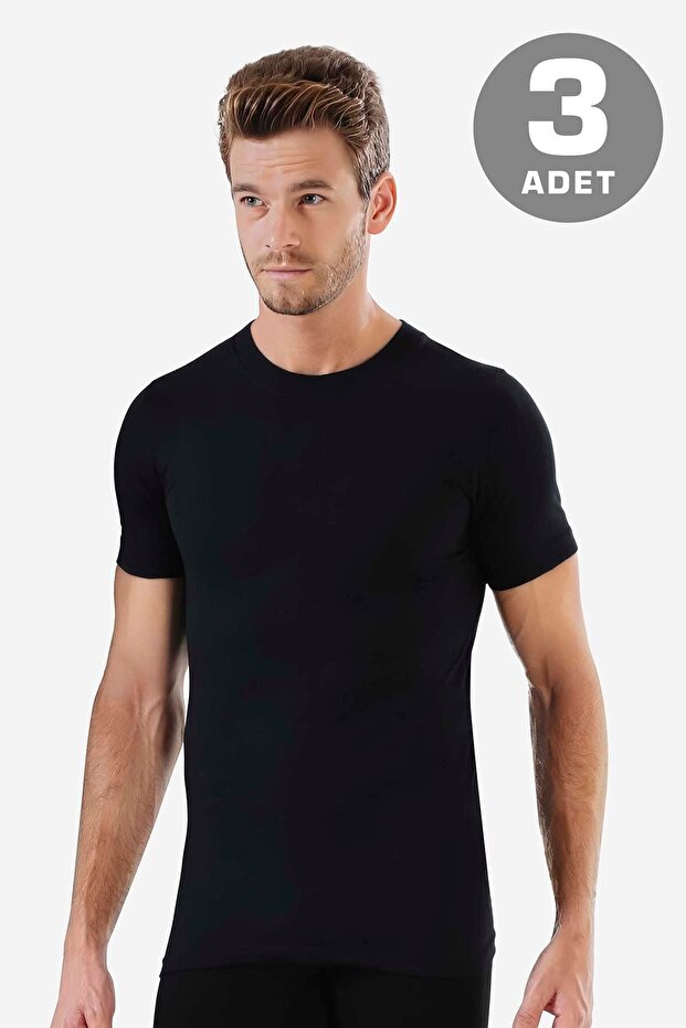 Men's Black Crew Neck Short Sleeve Undershirt T-Shirt 100% Cotton Combed Cotton 3-Pack