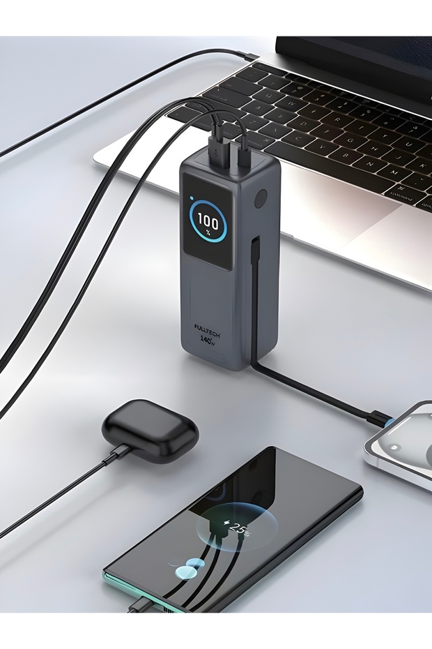 30000mAh 140W Hızlı Şarjlı TFT Ekranlı Kendinden Type-C Kablolu 2Type-C 1USB Girişli Powerbank - 2