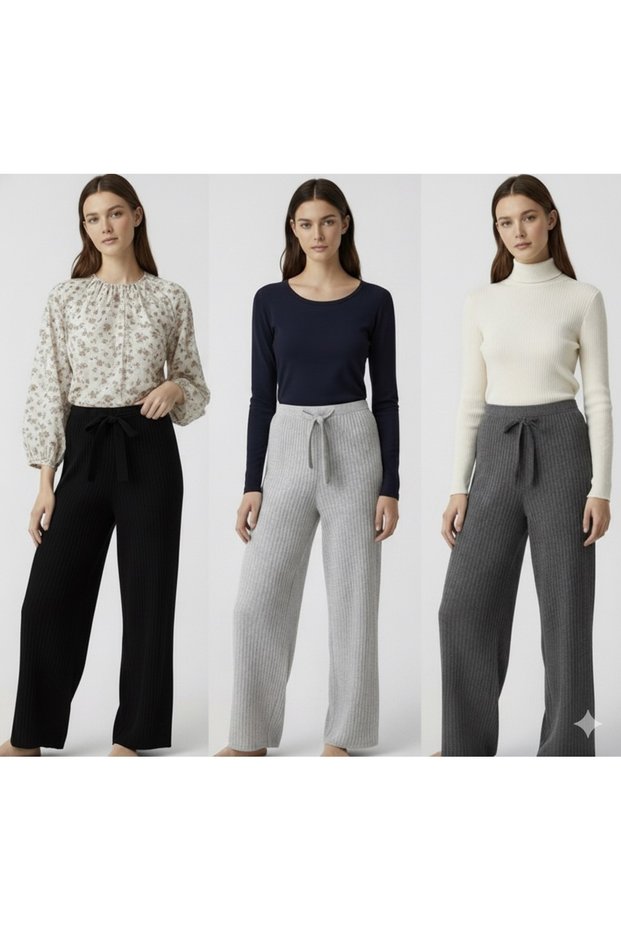 Pack of 3 Women's Winter Thick Ribbed Camisole Pajama Bottoms Sweatpants Pocketless Gfs
