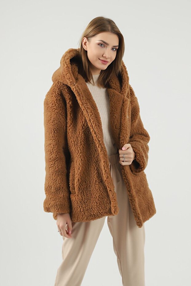 Pluș scurt cu glugă maro - 3