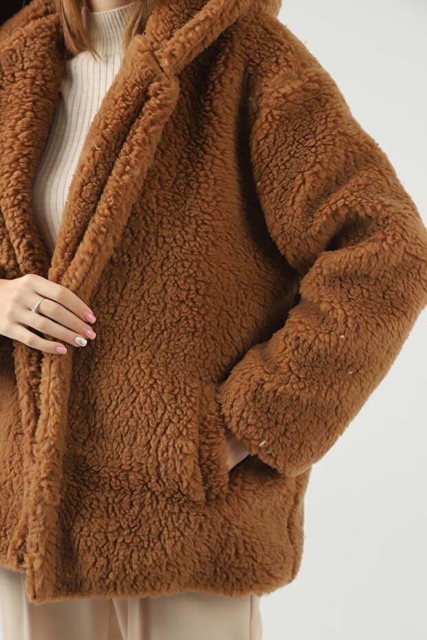 Pluș scurt cu glugă maro - 4