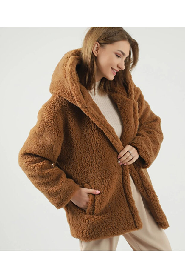 Pluș scurt cu glugă maro - 6