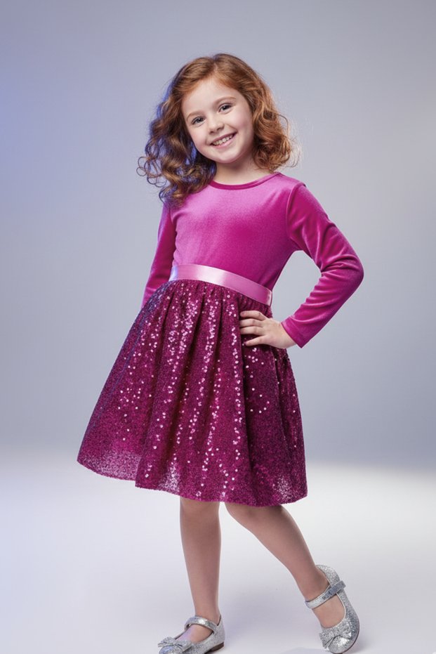 Girls' Velvet Sequin Puffy Bow Dress for Special Occasions 3-10 Years