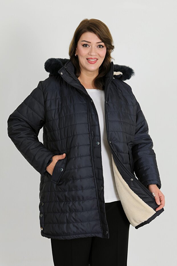 Women's Navy Blue Wool Inside Curly Puffer Coat