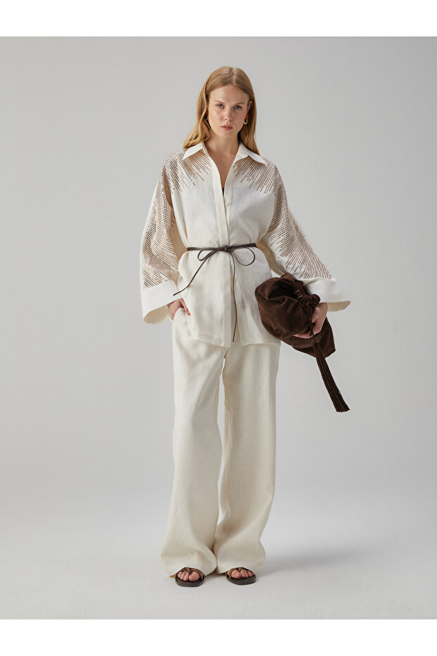 Taş İşlemeli Keten Gömlek - 5