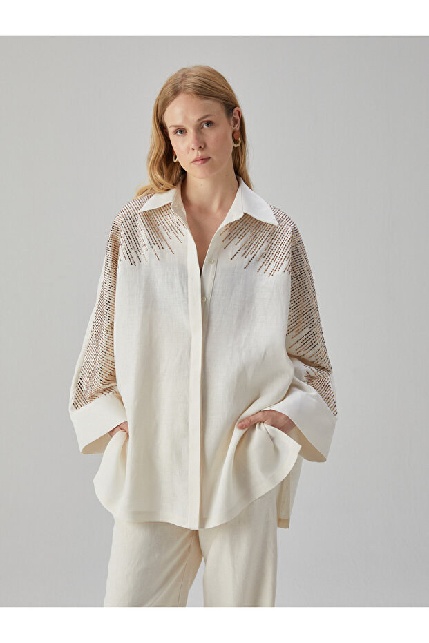 Taş İşlemeli Keten Gömlek - 4