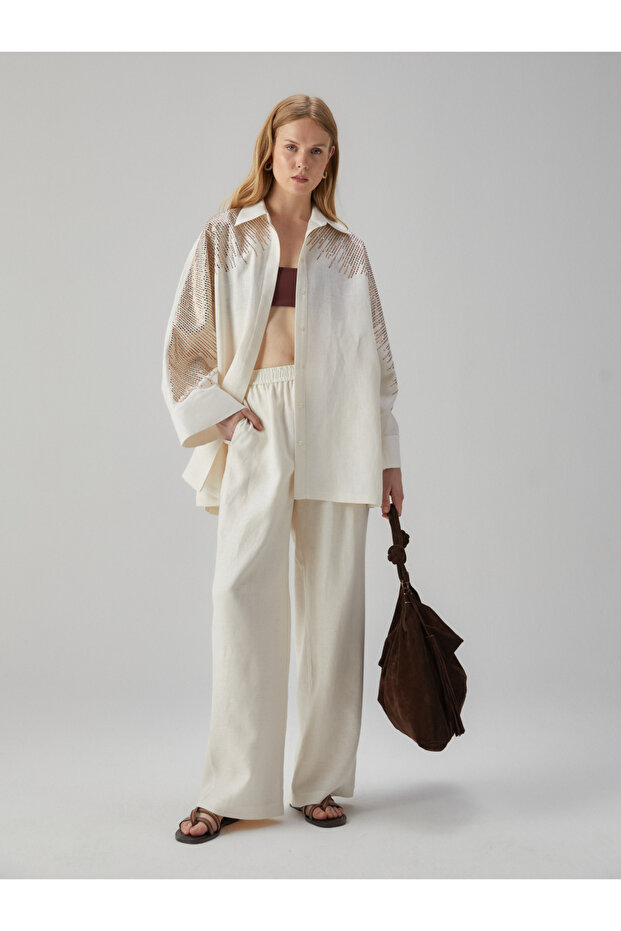 Taş İşlemeli Keten Gömlek - 6