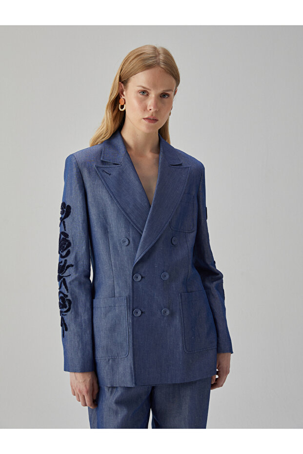 Kolu İşlemeli Keten Ceket - 4