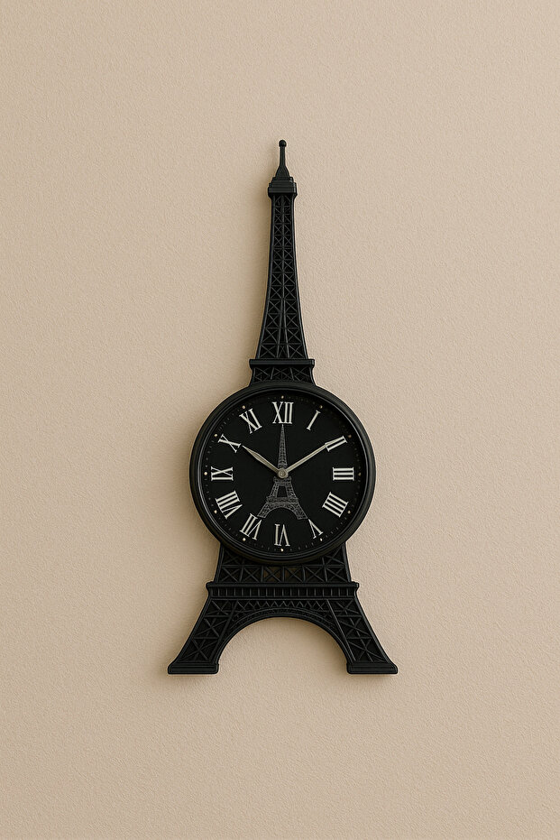 Plastic wall clock with glass in the shape of the Eiffel Tower, available in two colors