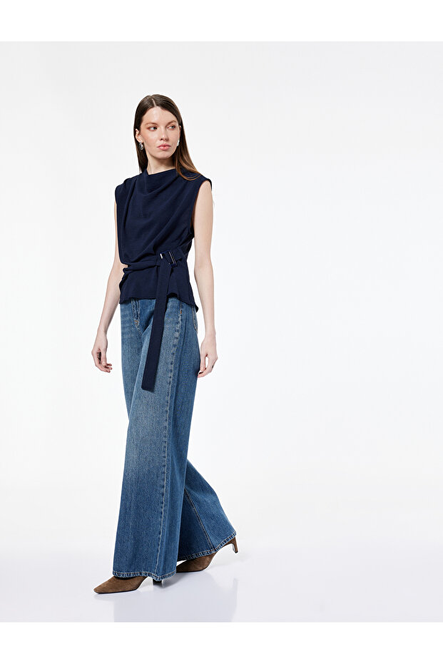Aerobin Fabric Sleeveless Cowl Neck Belt Detail Blouse