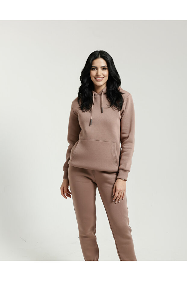 Brown Women's 3 Thread Cotton Kangaroo Tracksuit Set Winter Soft Textured