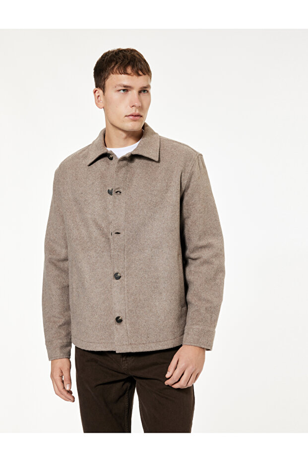 Pocket Detailed Long Sleeve Classic Collar Buttoned Slim Fit Cashmere Winter Shirt Jacket