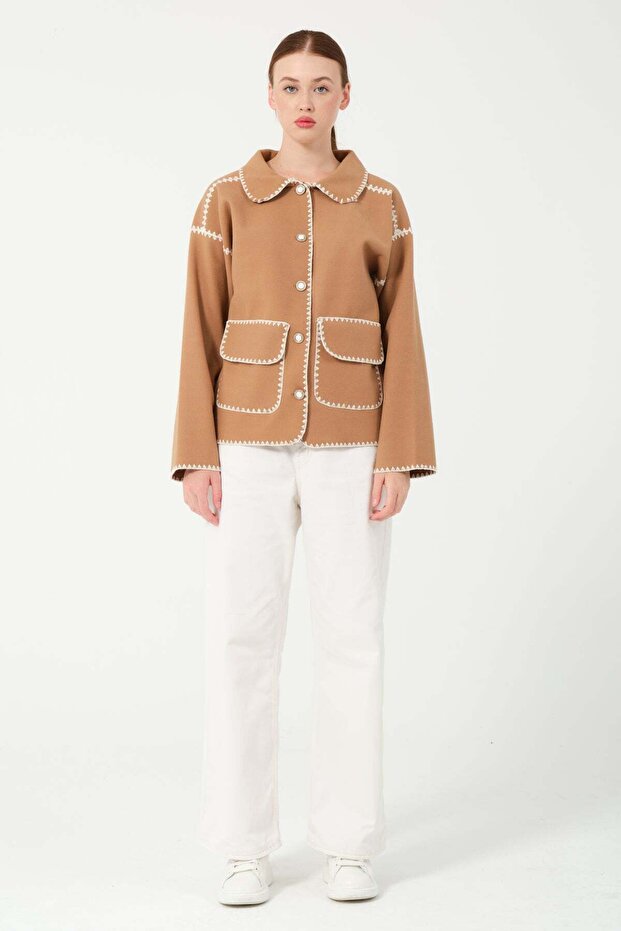 Hatunatila Quilted Pocket Shirt Collar Jacket 7868 Camel