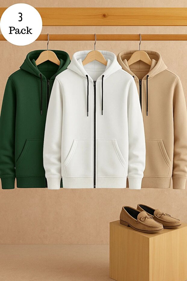 Men's Casual Zippered Hooded 3-Piece Sweatshirt
