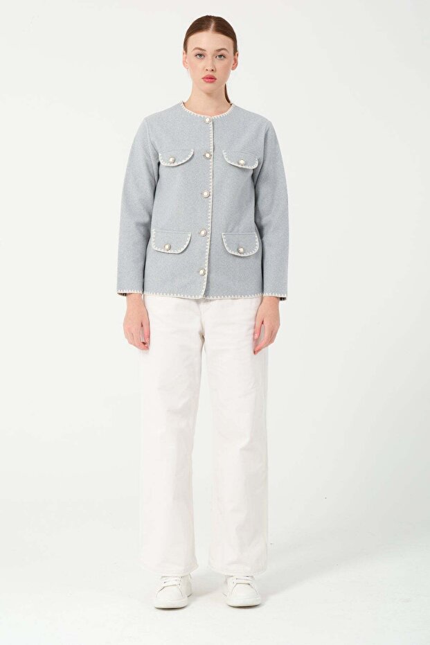 HatunAtila Crocheted Four-Pocket Look Cashmere Jacket 7867 Ice Blue