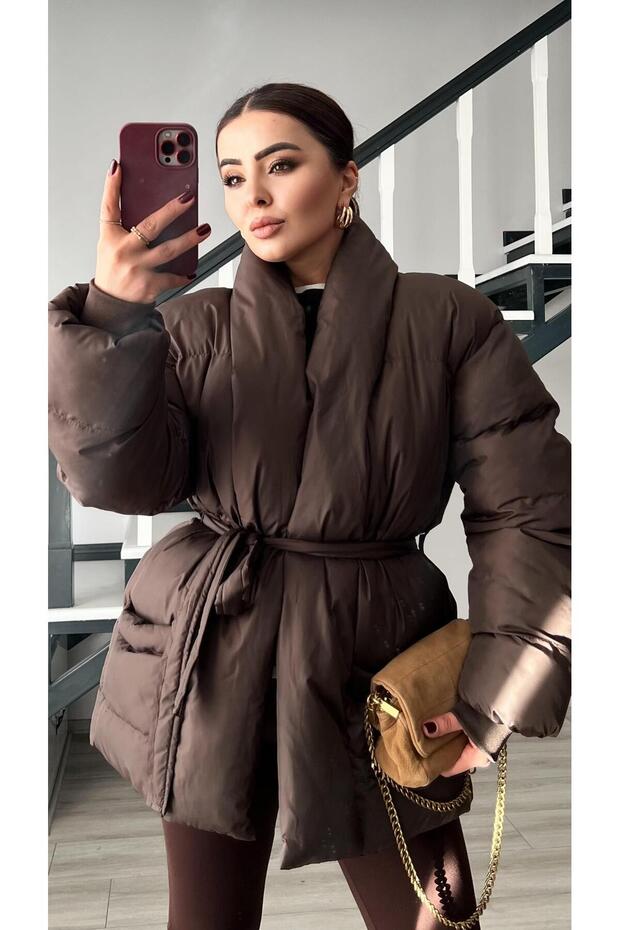 Coffee Double-Breasted belted puffer jacket