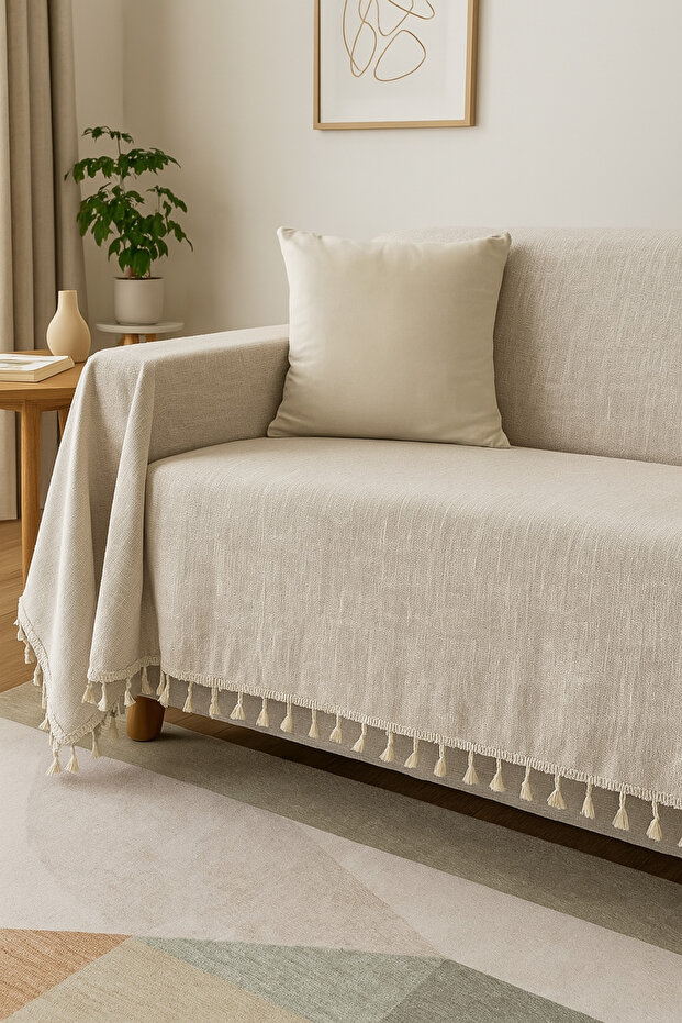 Buldan 100% Cotton Tasseled Light Beige Sofa Cover Raw Linen Sofa Cover 180X220