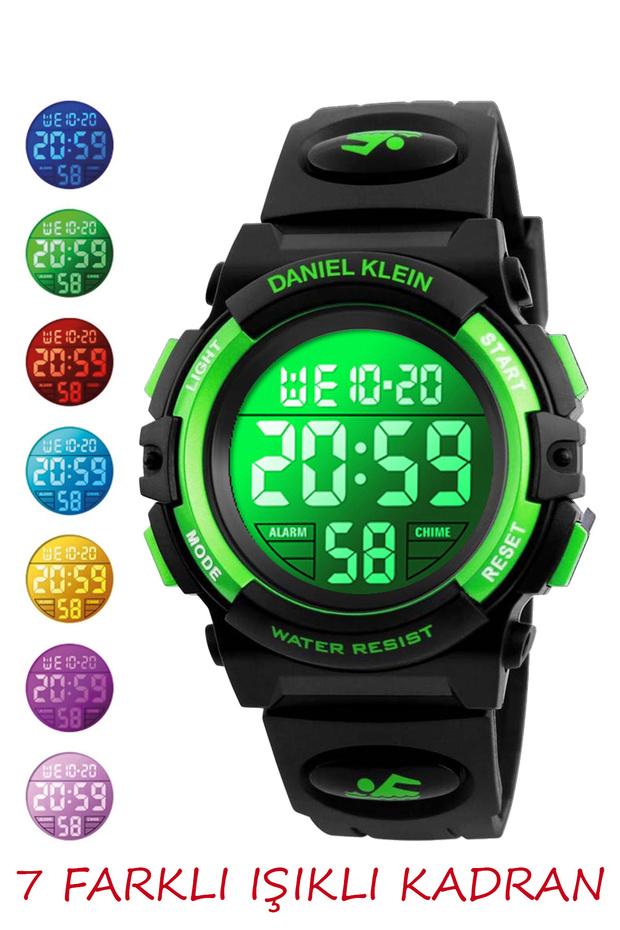 Green Black Children's Wristwatch with Alarm and Stopwatch, 7 Different Lights for Ages 8-12