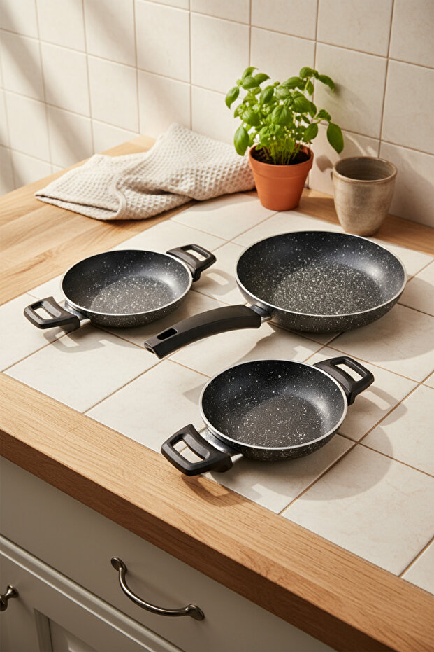 Athelas 3-Piece Granite Pan and Skillet Set Black (16-18-24 cm)