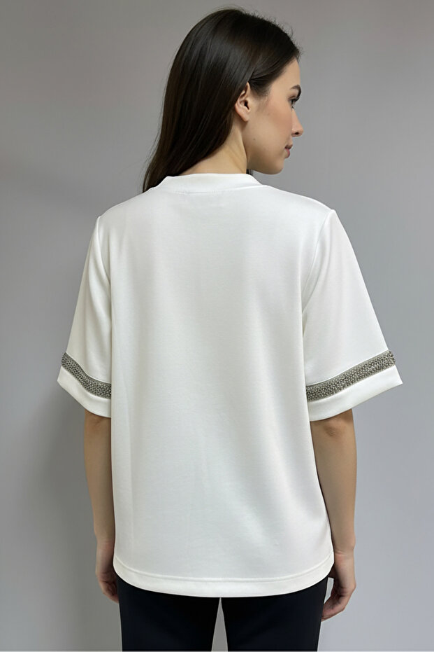 Bisiklet Yaka Taş İşlemeli Regular Örme Tişört - 7