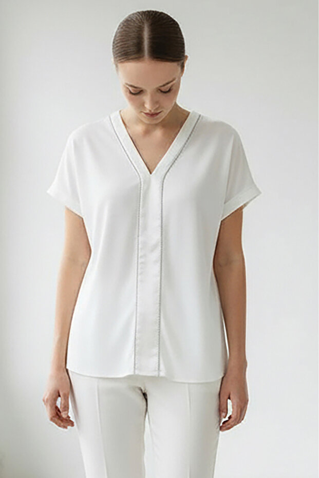 V Yaka Kısa Kollu Regular Örme Tişört - 5