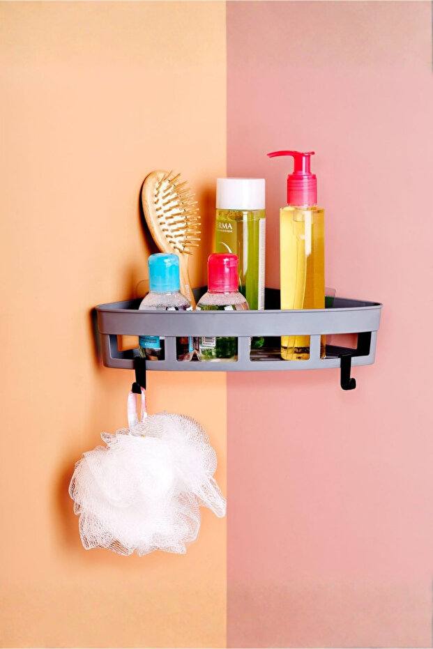 رف زاوية لاصق مكون من قطعتين - منظم - منظم مقاوم للماء للحمام والمطبخ (رمادي)