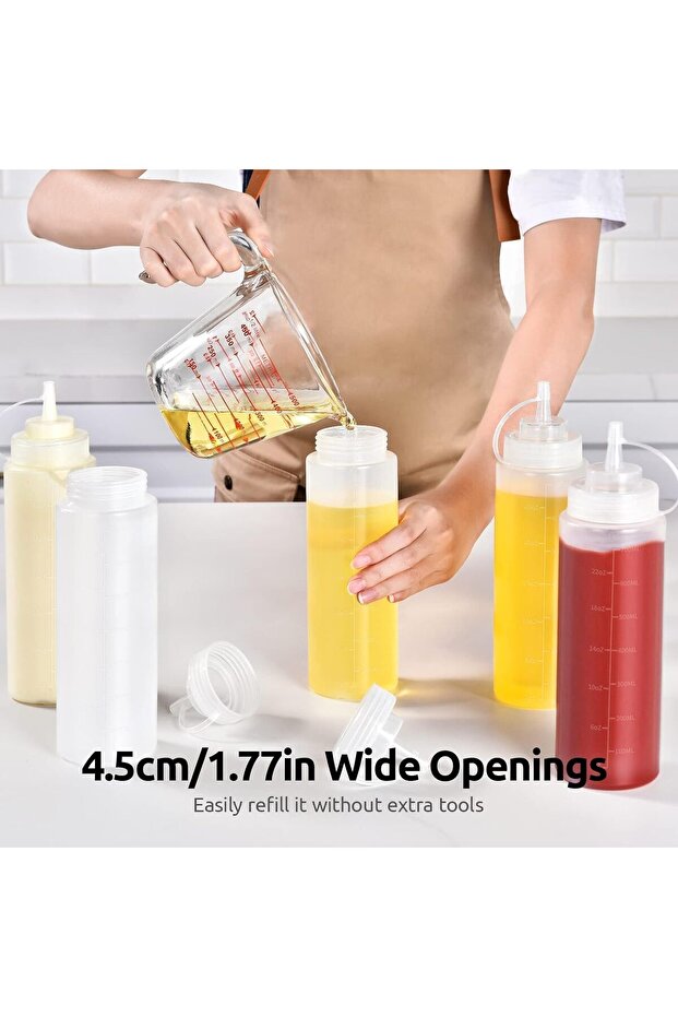 Set of 6 800ml Squeeze Bottles with Screw Caps and Measurement Marks - Leak-proof Reusable Dispenser - 8