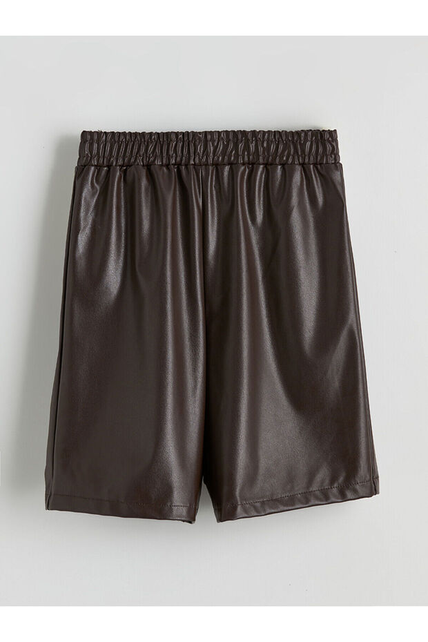 Özmarka New Season Elastic Waist Leather-Look Girls' Shorts