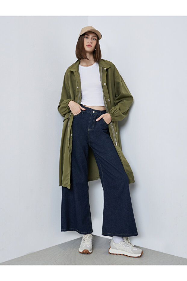 معطف زيتوني قصة فضفاضة الاستخدامات مع رباط - 1