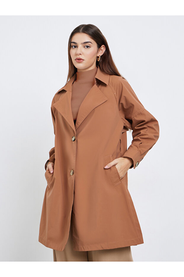 معطف ترنش طويل من الصدأ بأزرار - 3