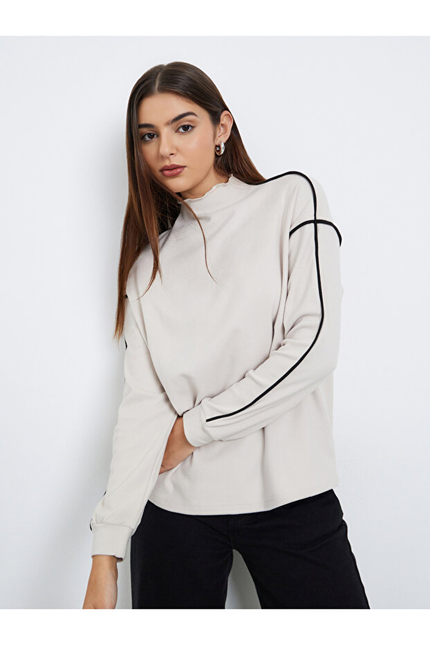 Beige Oversized Piped Detail Sweatshirt