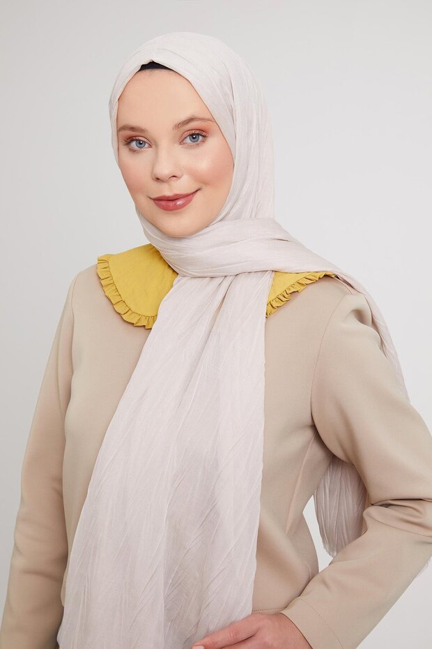 Bej Pliseli Pamuklu Şal - 2