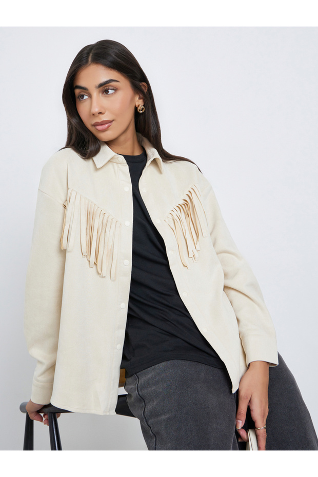 Cream Tassel Trim Suede Look Shirt