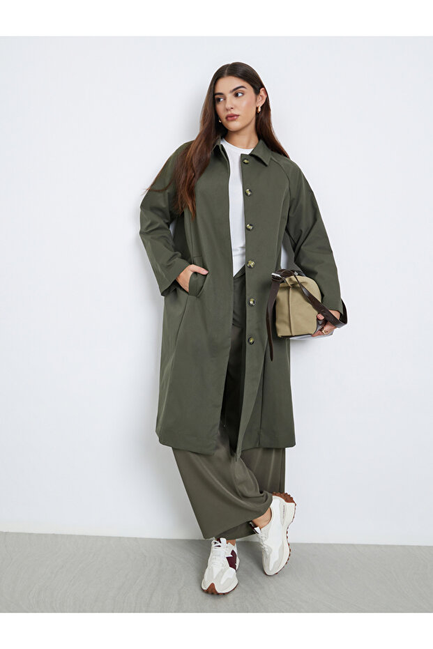 Olive Oversized Button-Front Trench Coat