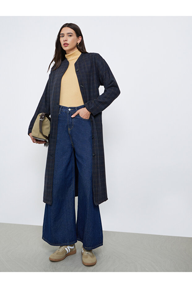 Black Checked Print Wool Look Coat