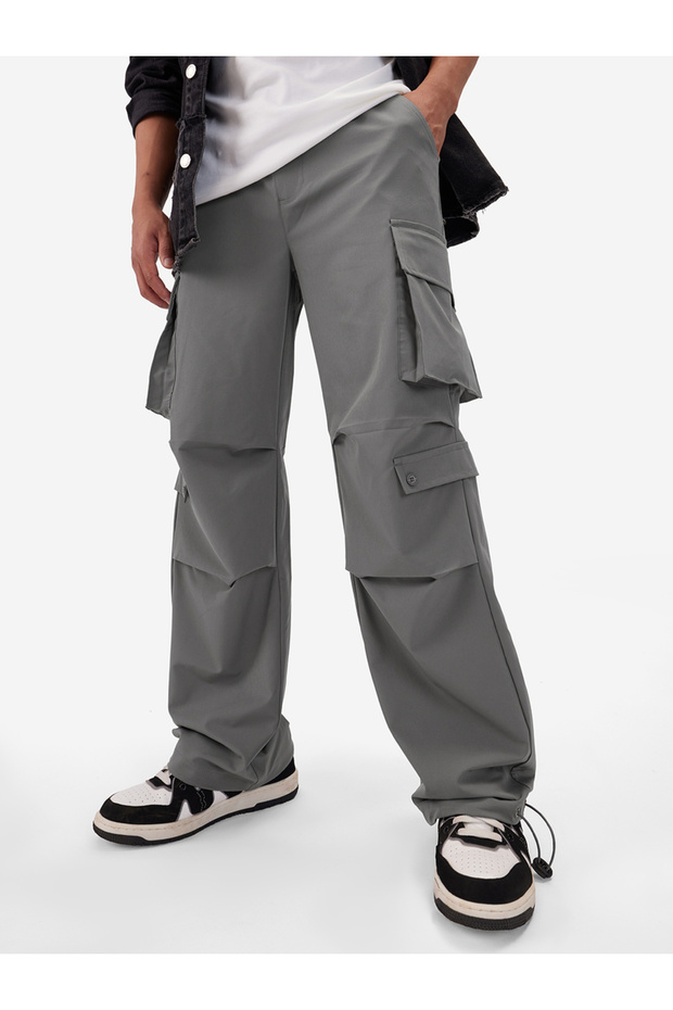 Men Grey Cargo Pocket Parachute Pants