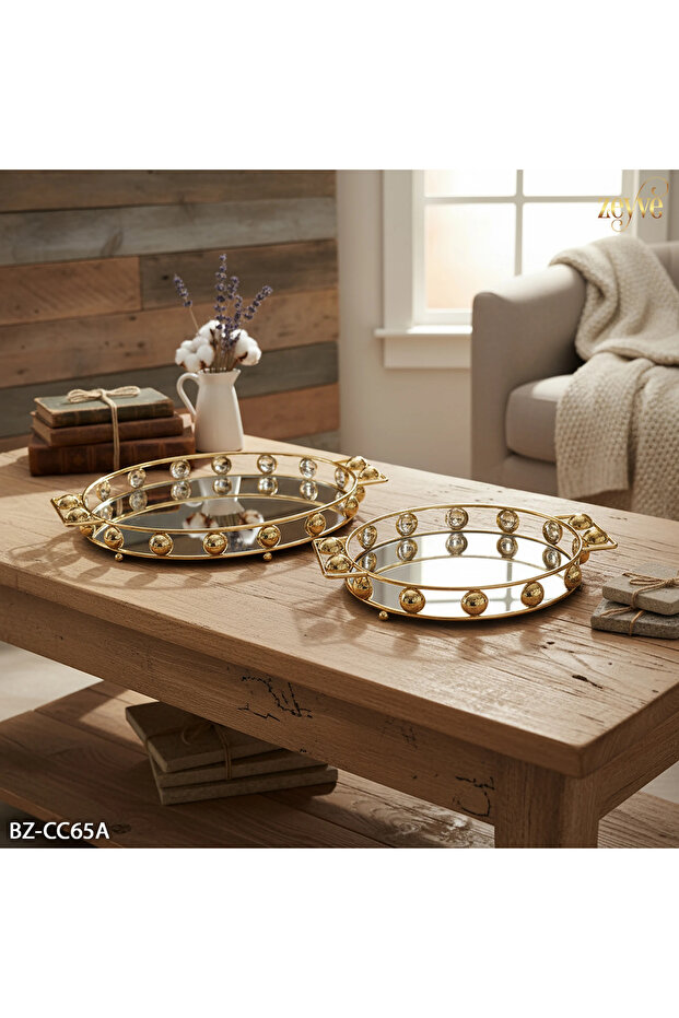 Bead Model 2-Piece Metal Round Mirrored Tray 32X28X5Cm -37X33X5Cm