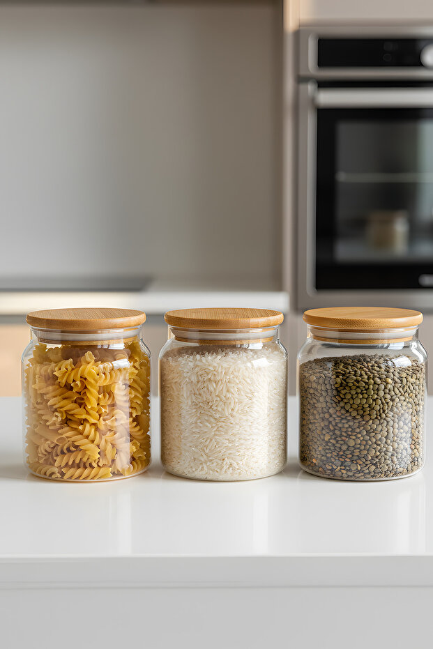3-Piece Glass Storage Container Set 575 Cc - Food Preservation Jar with Vacuum Bamboo Lid