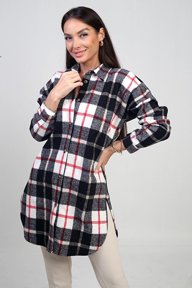 Women's Side Slit Plaid Long Shirt