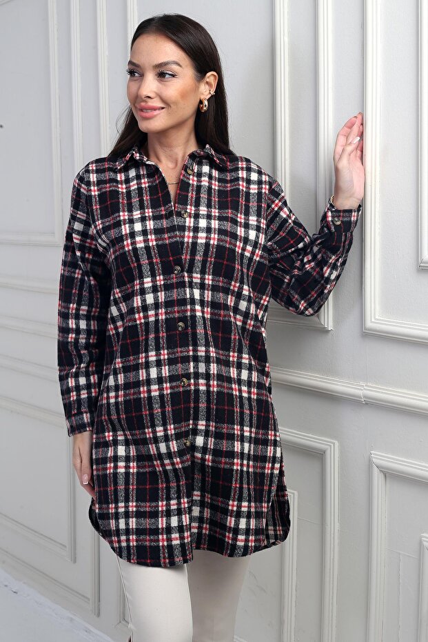 Women's Side Slit Plaid Long Shirt