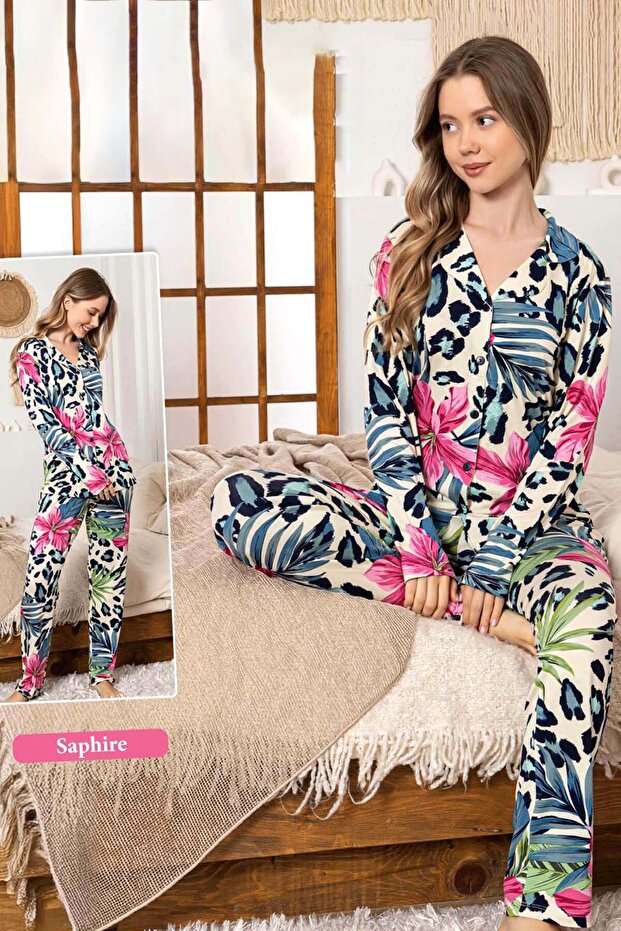 Women's Tropical Pattern Buttoned Saphire Pajama Set 0341 Cream