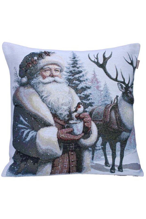 Santa Claus with Coffee and Bird Jacquard Woven Tapette Decorative Silvery Christmas Cushion 45*45