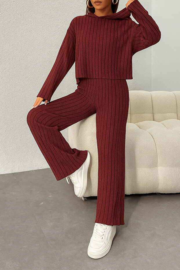 bordó kapucnis, bordázott szövetből készült széles szárú alsó felső szett - 4