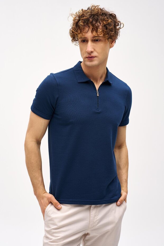 Men's Navy Blue Slim Fit Zippered Polo Collar Short Sleeve T-Shirt